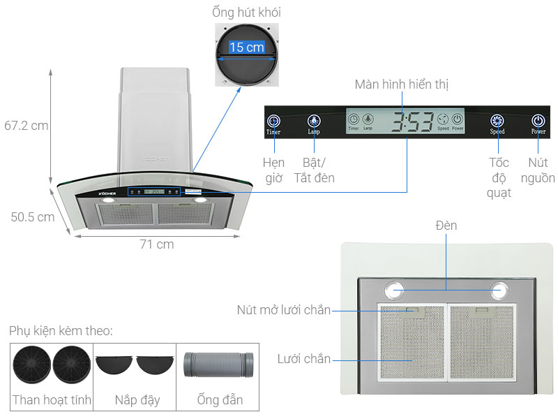 Máy hút mùi Kocher K-228S kính cong 90 cm