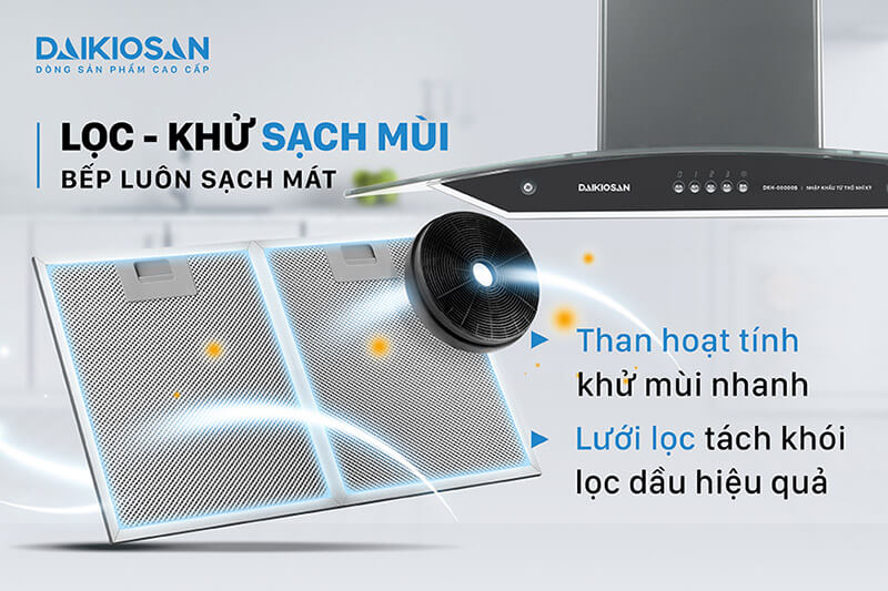 Máy hút mùi Daikiosan DKH-000008 lọc khử sạch mùi bếp