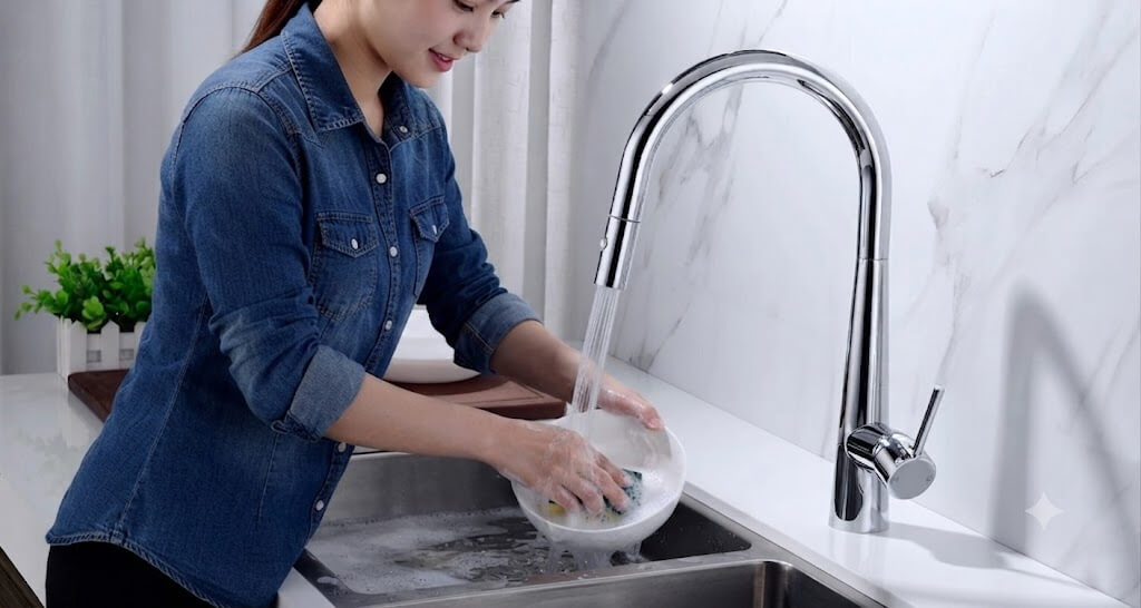 Thân vòi rửa bát Roslerer RL-968 xoay 360° giúp thao tác thuận tiện hơn cho bếp hiện đại