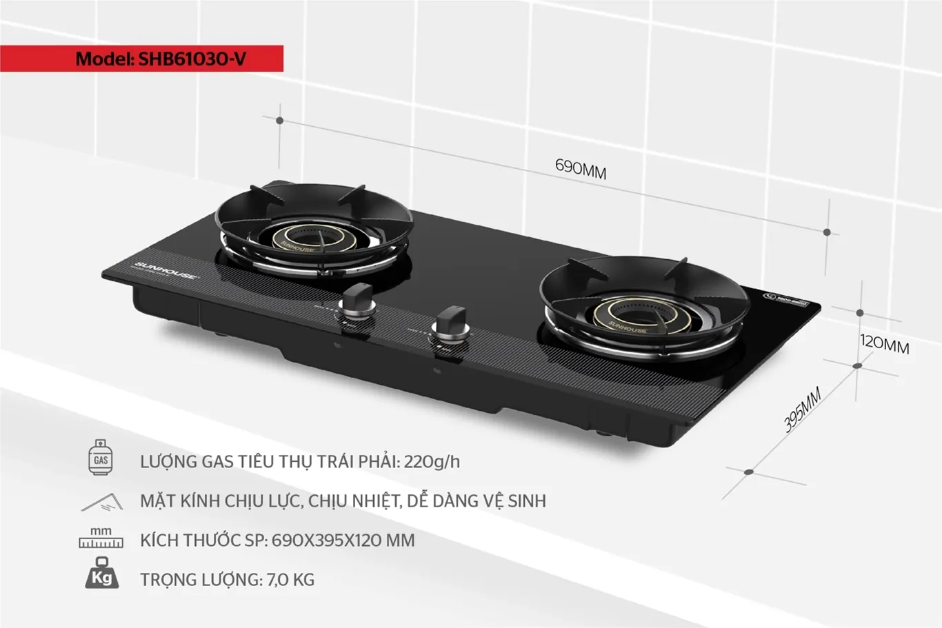 Bếp gas âm kính SUNHOUSE SHB61030-V
