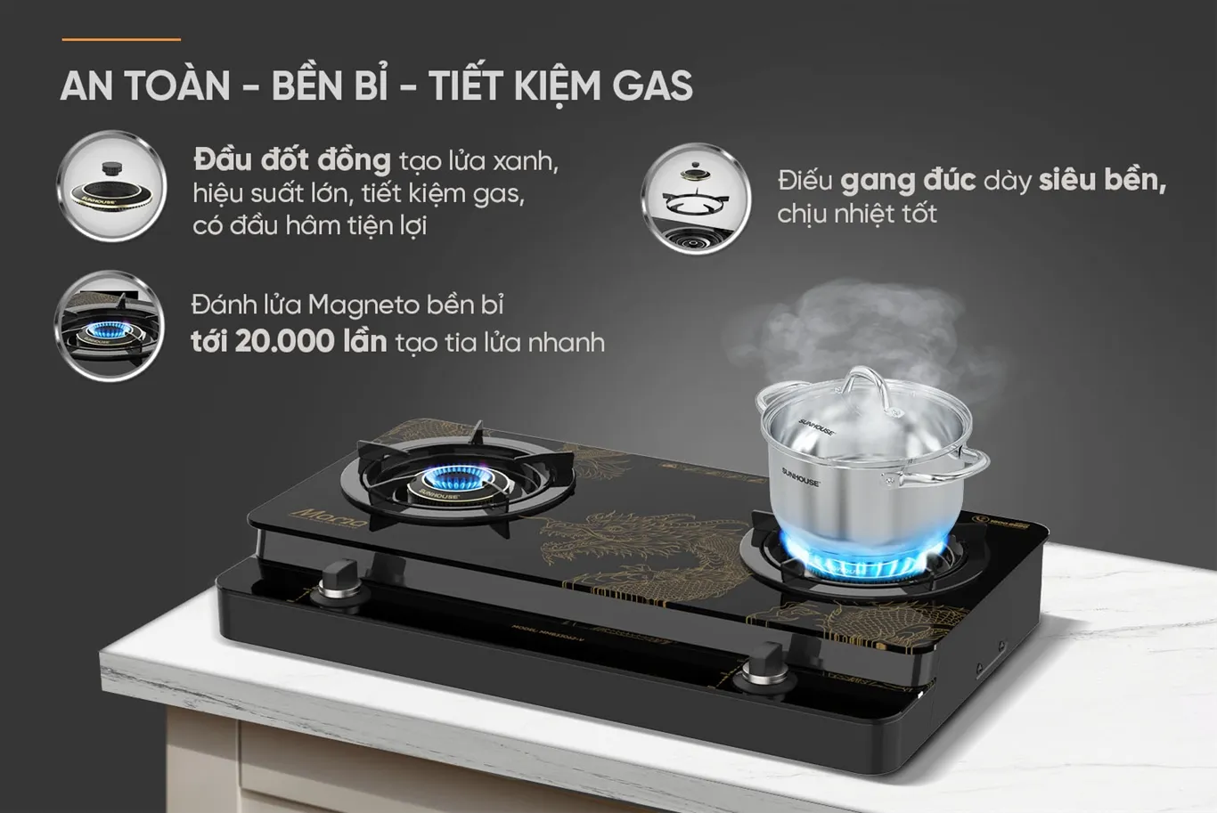 Bếp gas dương kính SUNHOUSE Mama MMB33062-V